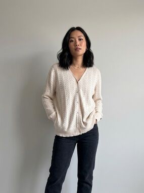 PURE by Alfred Sung | Pointelle Knit V-Neck Cardigan | Size Large